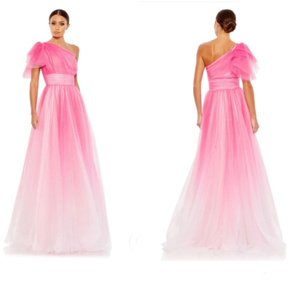 48 - NWOT-Mac Duggal, GLITTER OMBRE RUFFLED ONE SHOULDER BALLGOWN- size 14